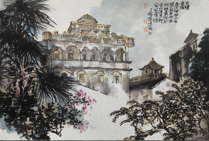 古樓余暉，（水墨寫生）68X45Cm，梁建華.jpg